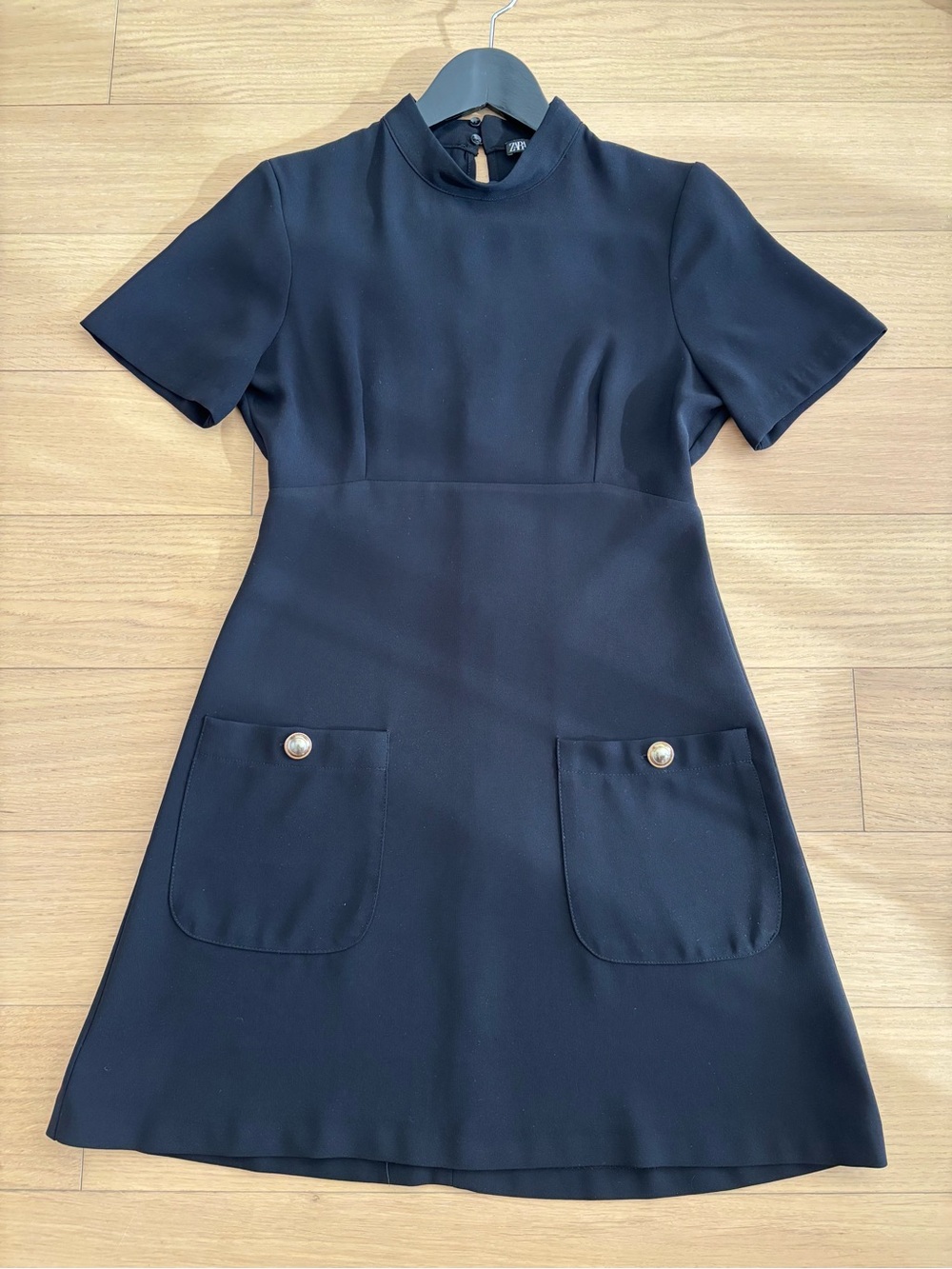 Zara Black Short-Sleeve A-Line Dress with Pocket Buttons in Black